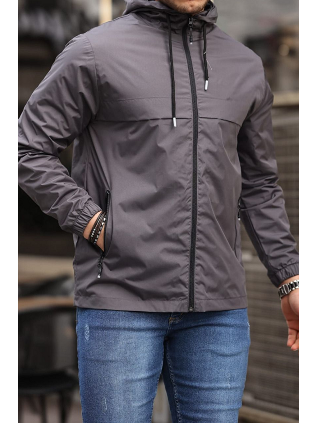 Gri Erkek Astarlı Kapüşonlu Füme Rüzgarlık & Yağmurluk-2