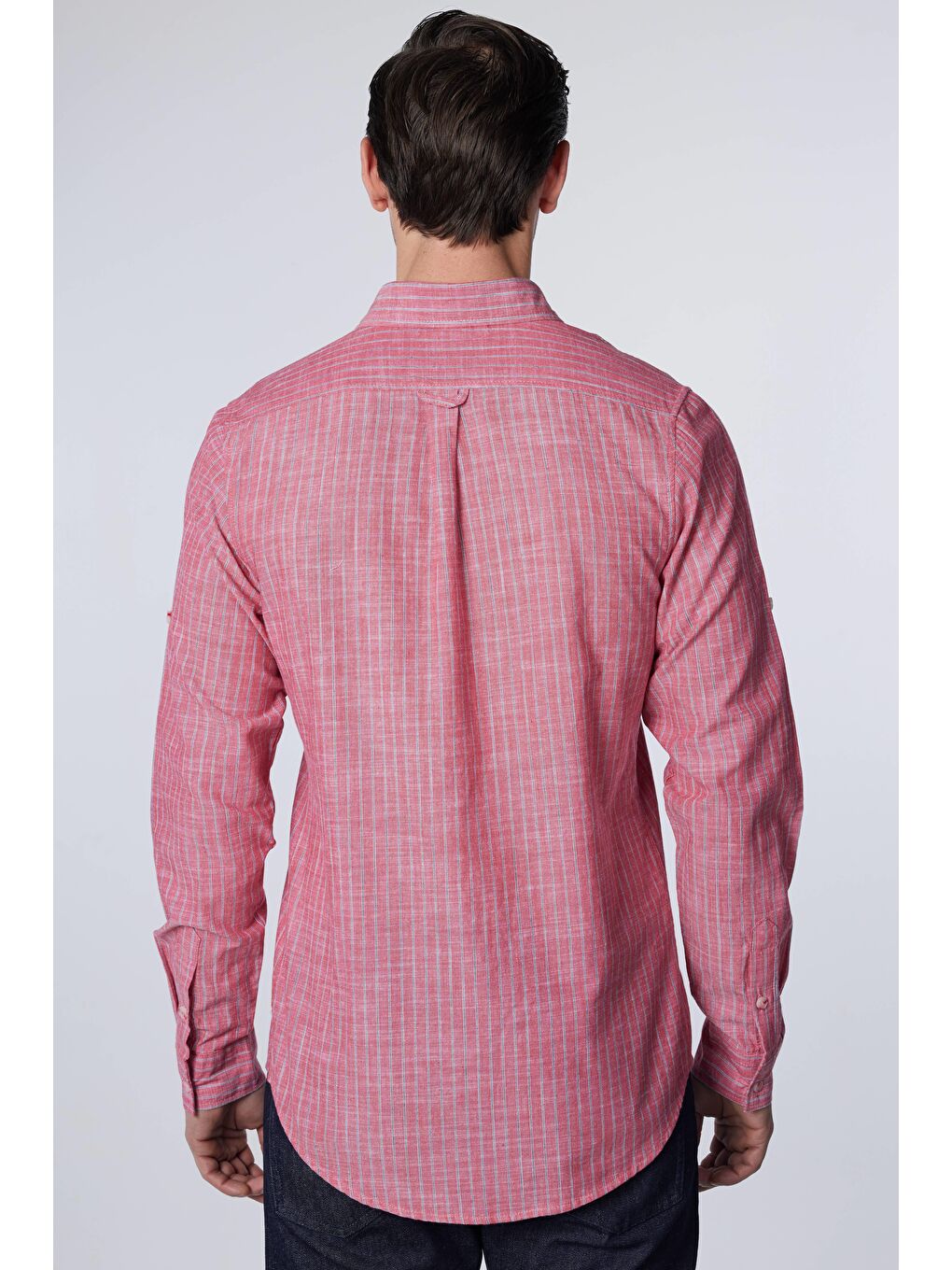 Karışık Erkek Slim Fit Dar Kesim Uzun Kollu %100 Pamuk Keten Doku Çizgili Gömlek-4