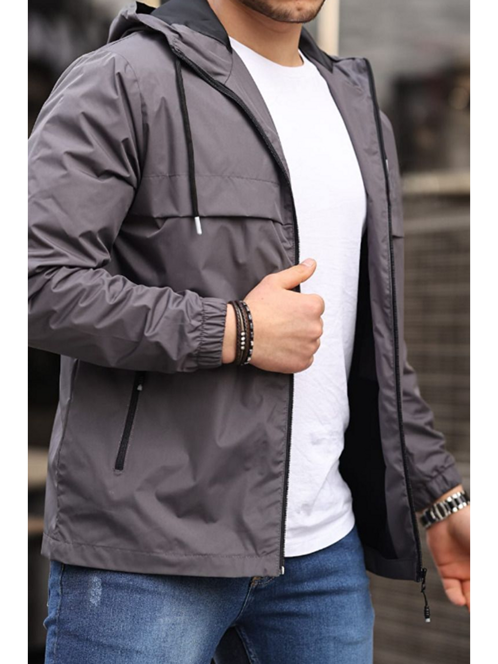 Gri Erkek Astarlı Kapüşonlu Füme Rüzgarlık & Yağmurluk-3