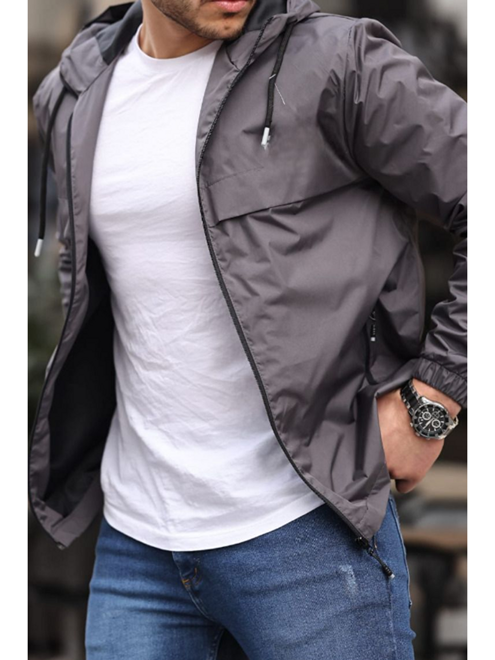 Gri Erkek Astarlı Kapüşonlu Füme Rüzgarlık & Yağmurluk-4
