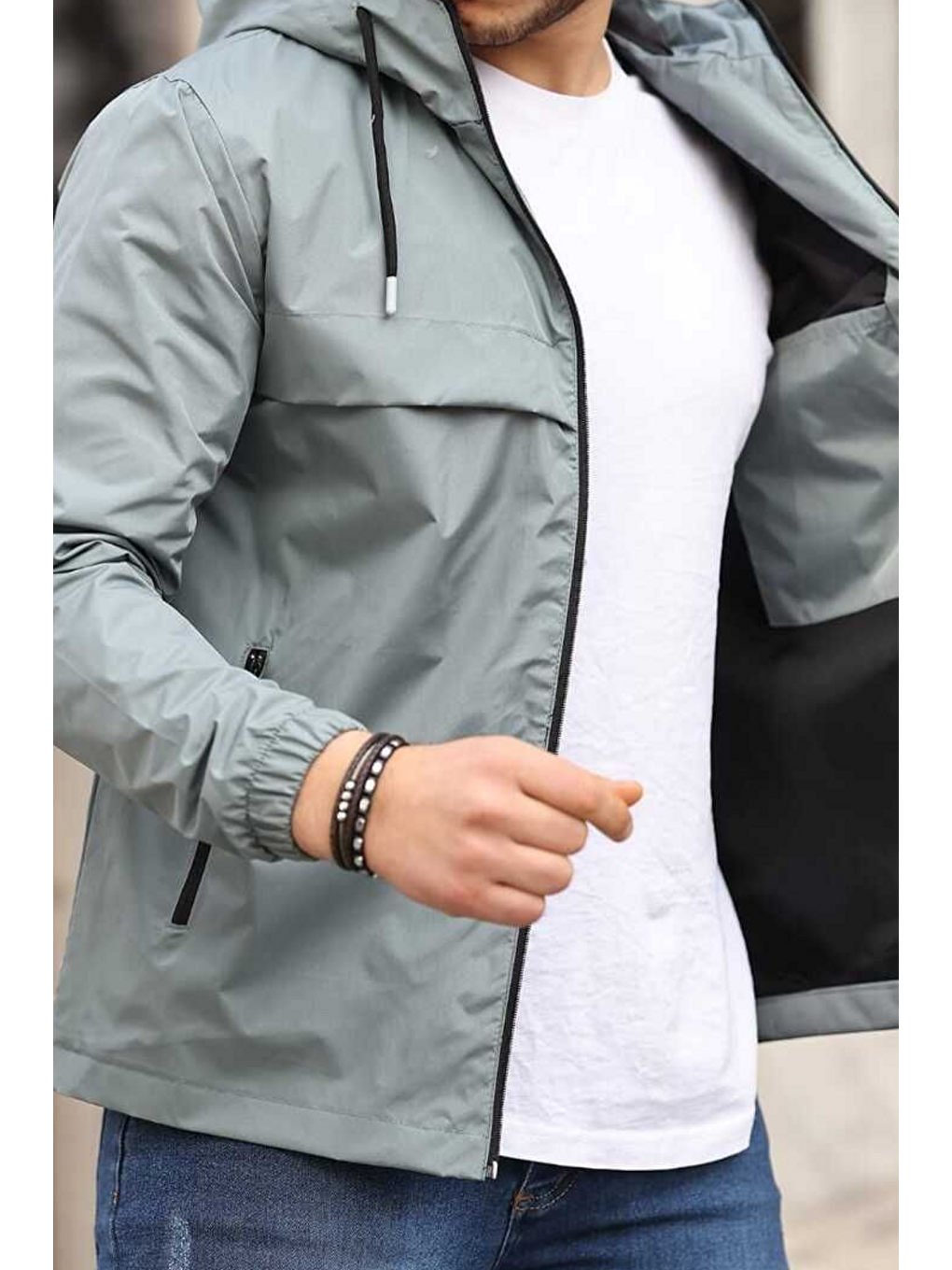 Yeşil Erkek Astarlı Kapüşonlu Mint Rüzgarlık & Yağmurluk-3