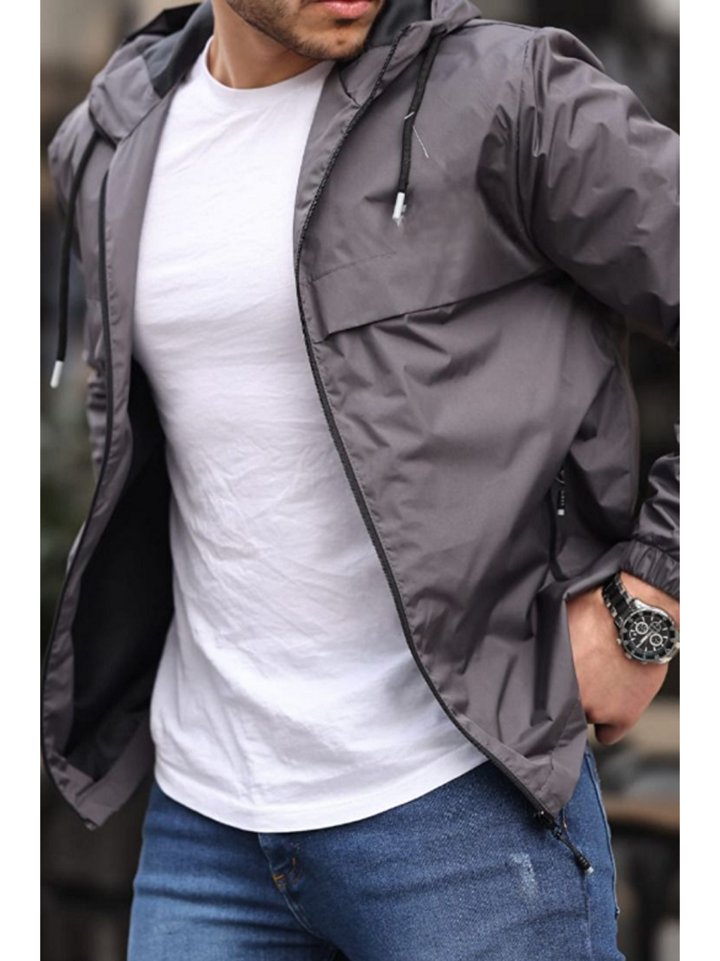 Gri Erkek Astarlı Kapüşonlu Füme Rüzgarlık & Yağmurluk-5