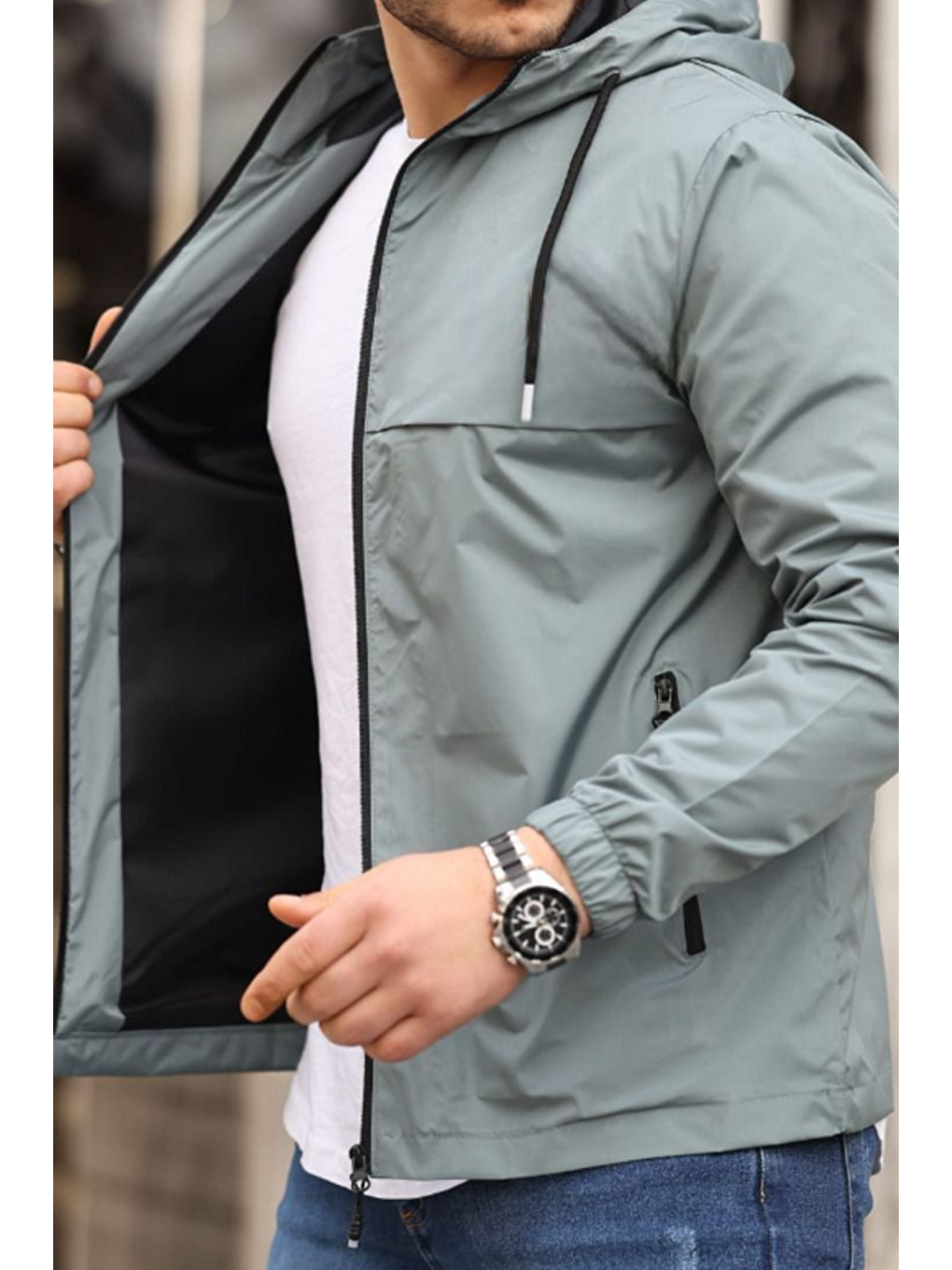 Yeşil Erkek Astarlı Kapüşonlu Mint Rüzgarlık & Yağmurluk-4