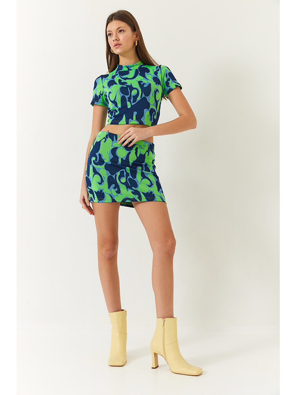 Lacivert Kadın Yarım Balıkçı Kısa Kollu Crop Mini Etekli Alt-Üst Takım-2