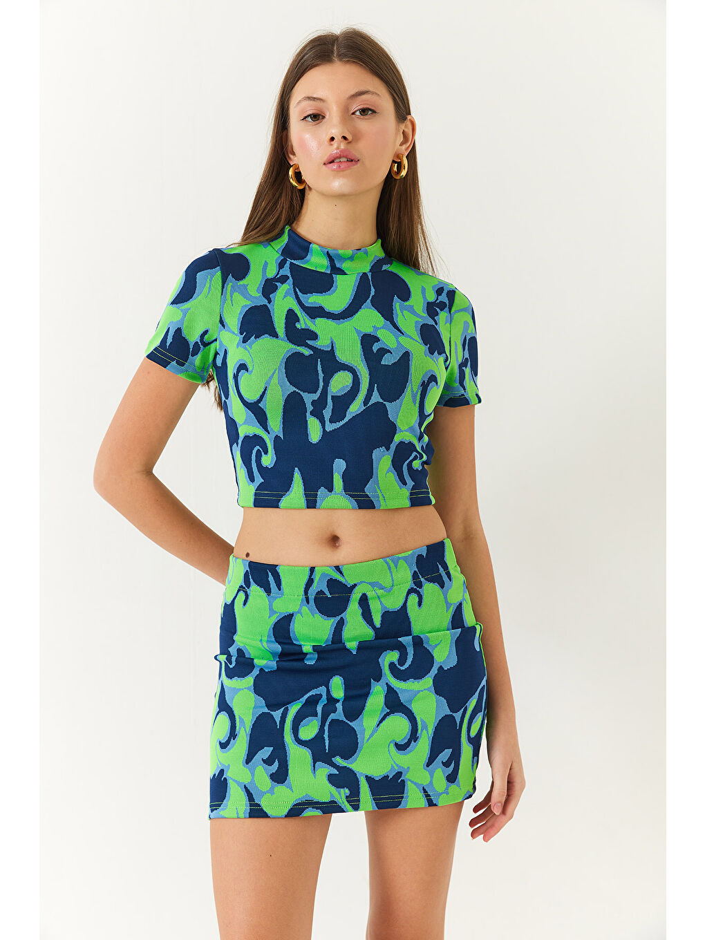 Lacivert Kadın Yarım Balıkçı Kısa Kollu Crop Mini Etekli Alt-Üst Takım-3