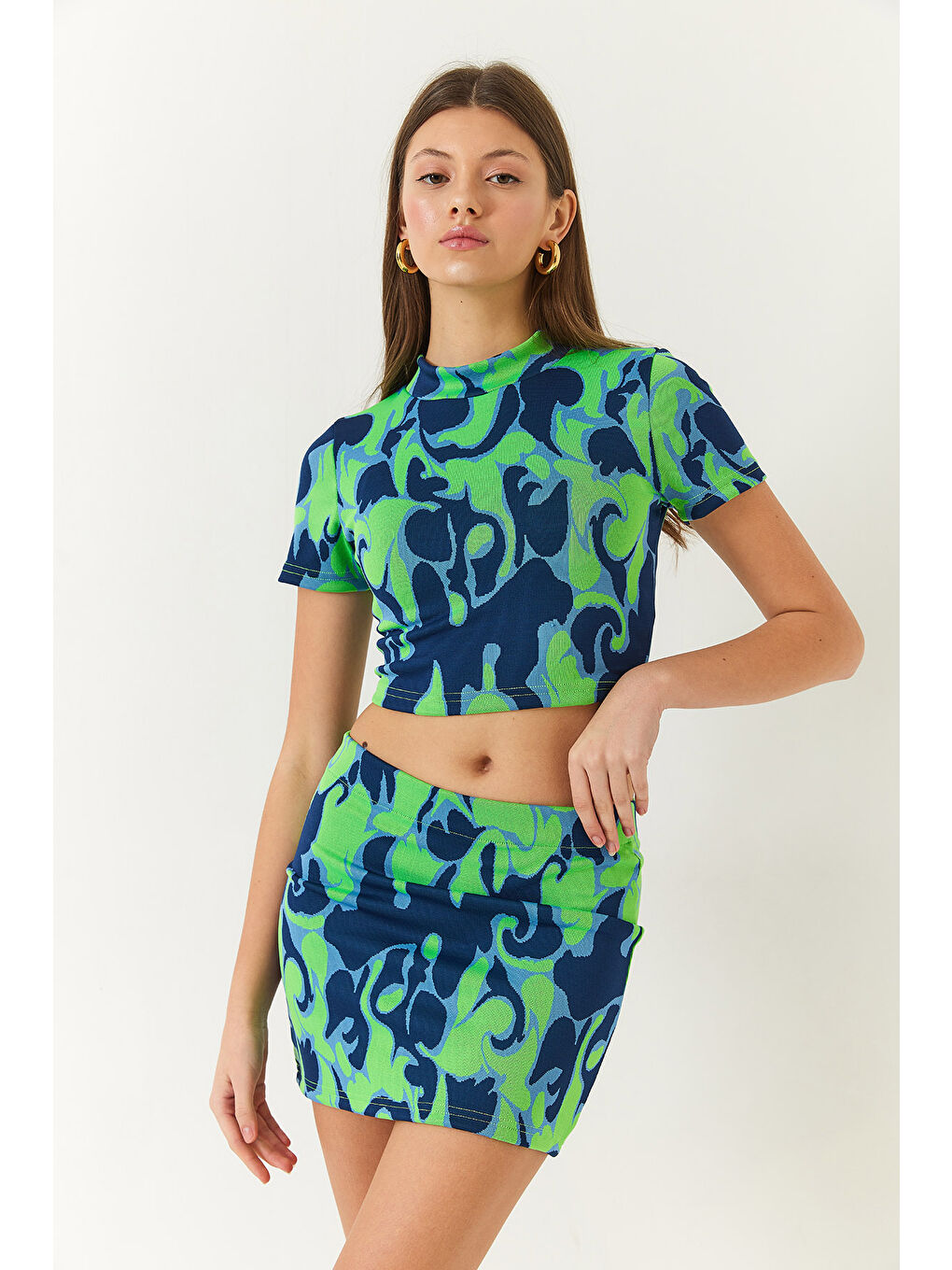 Lacivert Kadın Yarım Balıkçı Kısa Kollu Crop Mini Etekli Alt-Üst Takım-4