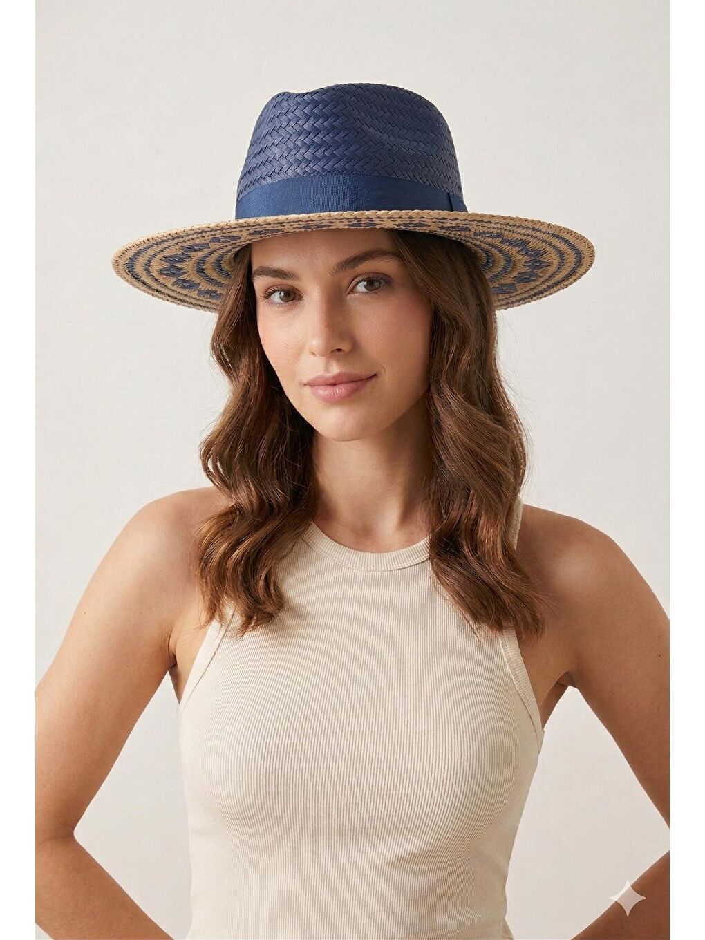 Hasır Panama Lacivert Şapka Desenli Geniş Kenarlı Yazlık HSR2121 LACIVERT