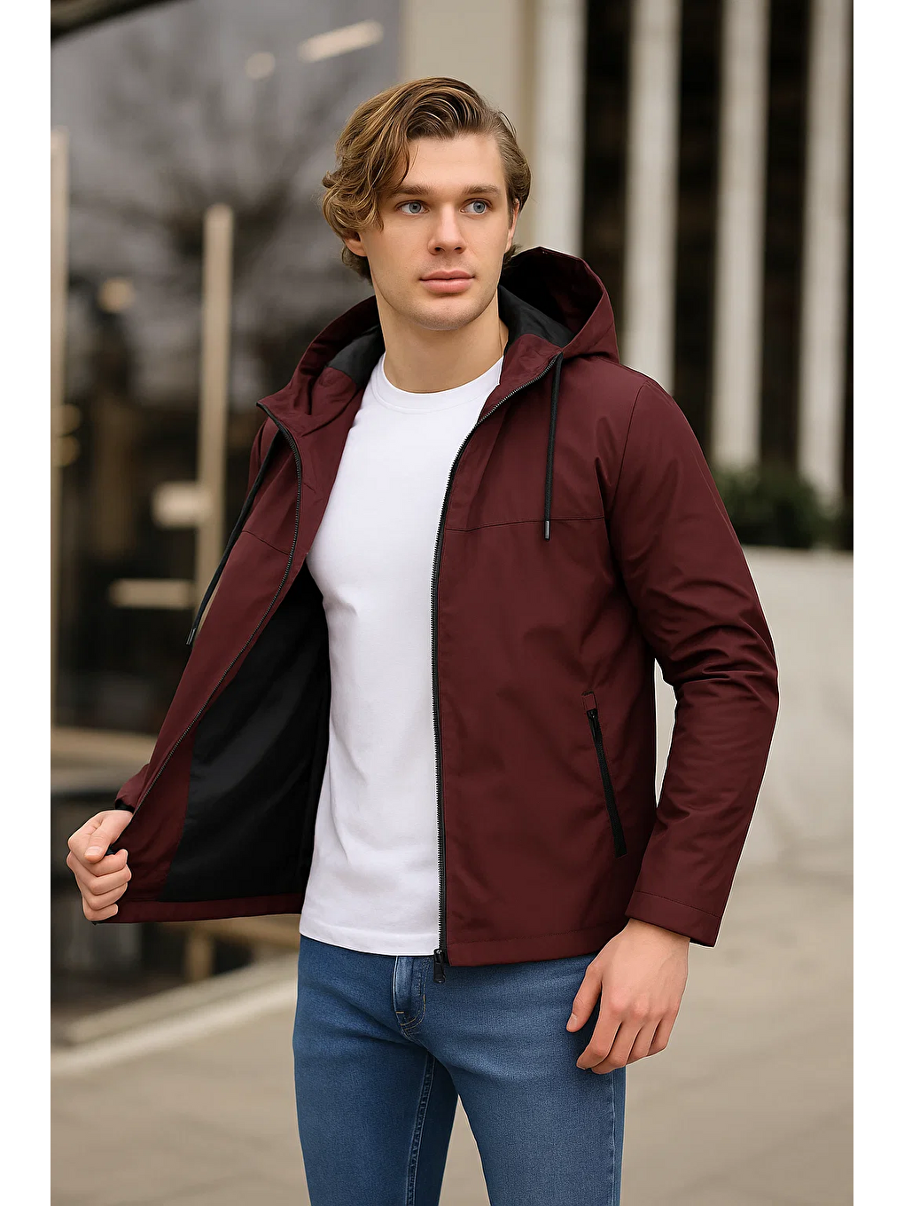 Erkek Astarlı Kapüşonlu Bordo Rüzgarlık & Yağmurluk-1