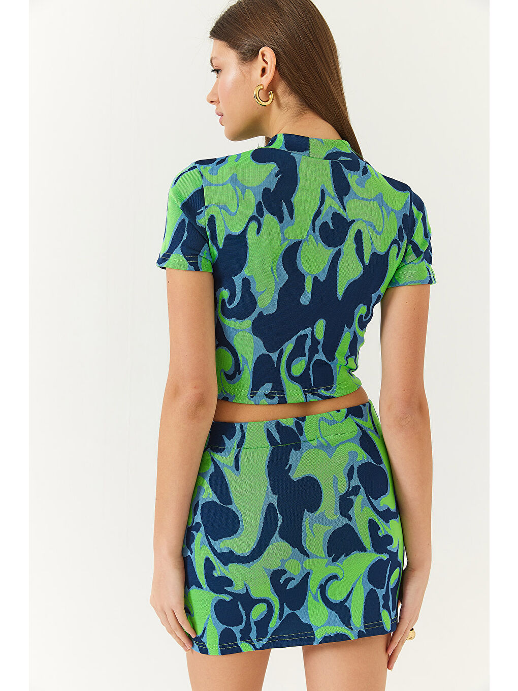 Lacivert Kadın Yarım Balıkçı Kısa Kollu Crop Mini Etekli Alt-Üst Takım-6
