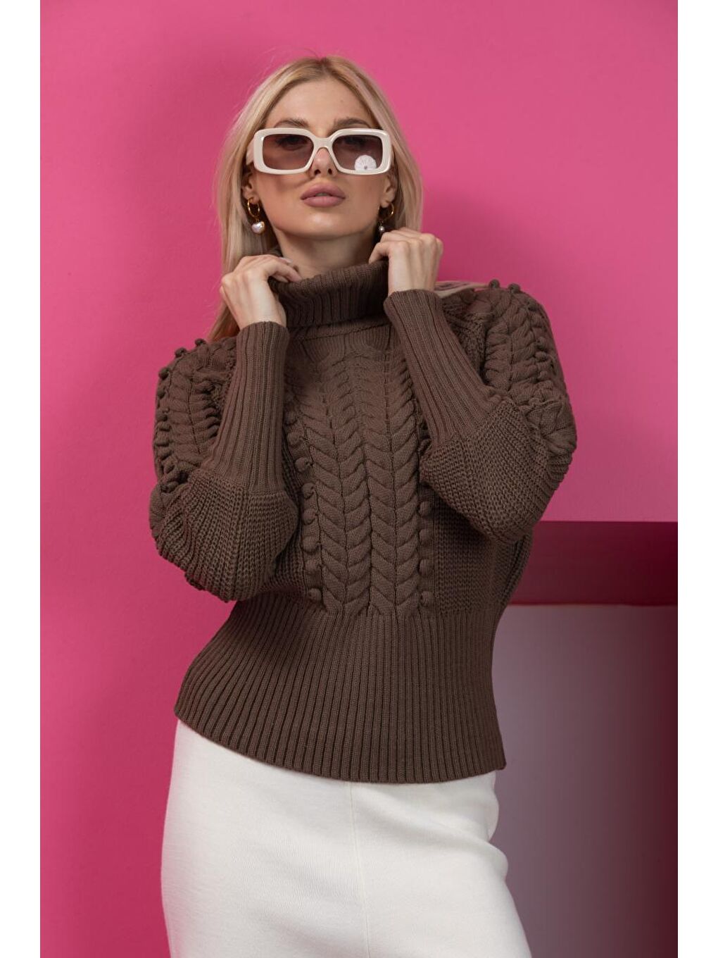 Kahverengi Kadın Saç Örgülü Balıkçı Yaka Triko Bluz 11003