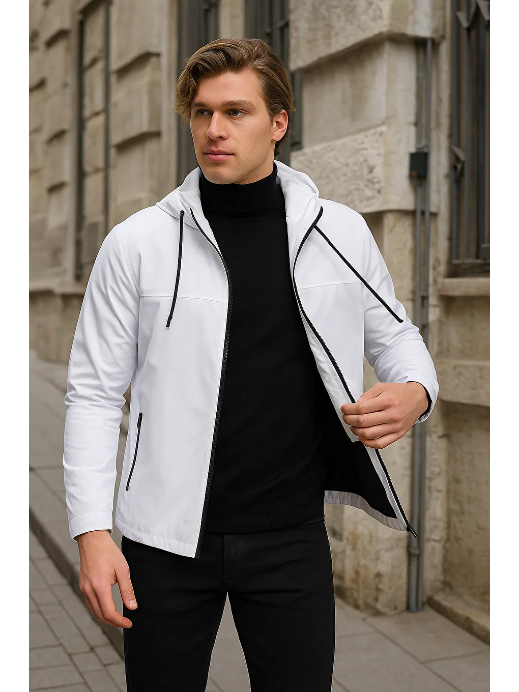 Erkek Astarlı Kapüşonlu Beyaz Rüzgarlık & Yağmurluk