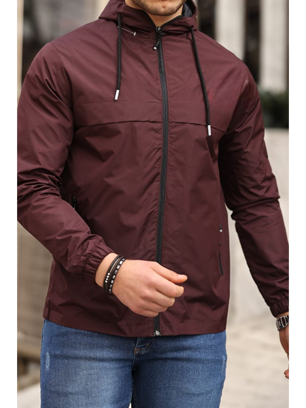 Erkek Astarlı Kapüşonlu Bordo Rüzgarlık & Yağmurluk-2