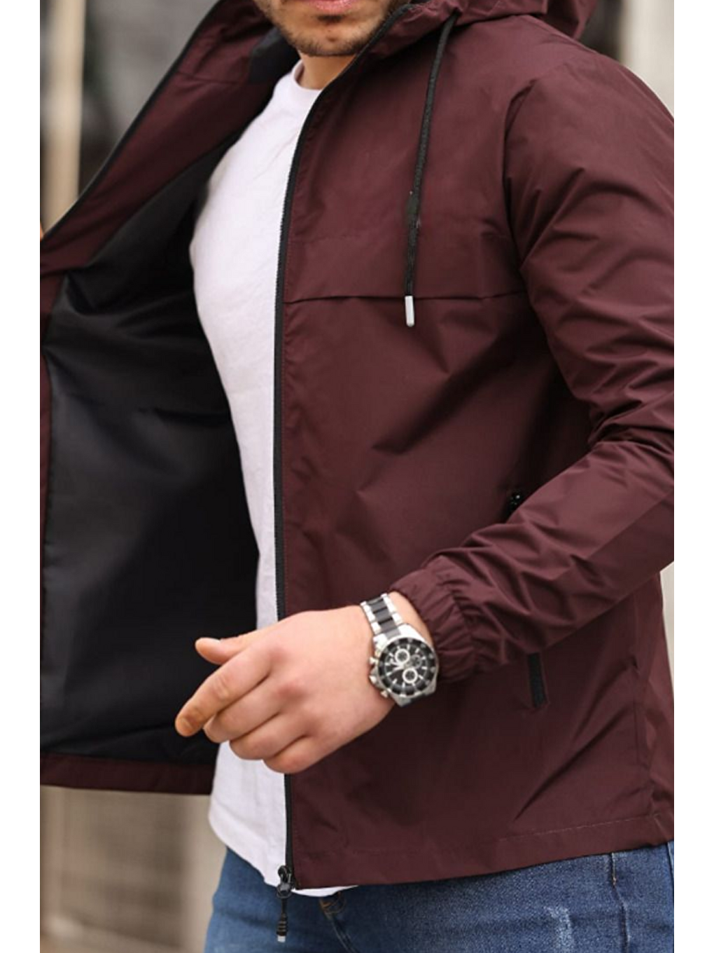 Erkek Astarlı Kapüşonlu Bordo Rüzgarlık & Yağmurluk-3