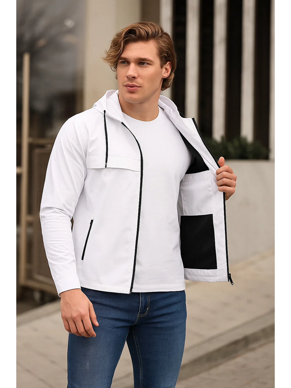 Erkek Astarlı Kapüşonlu Beyaz Rüzgarlık & Yağmurluk-1