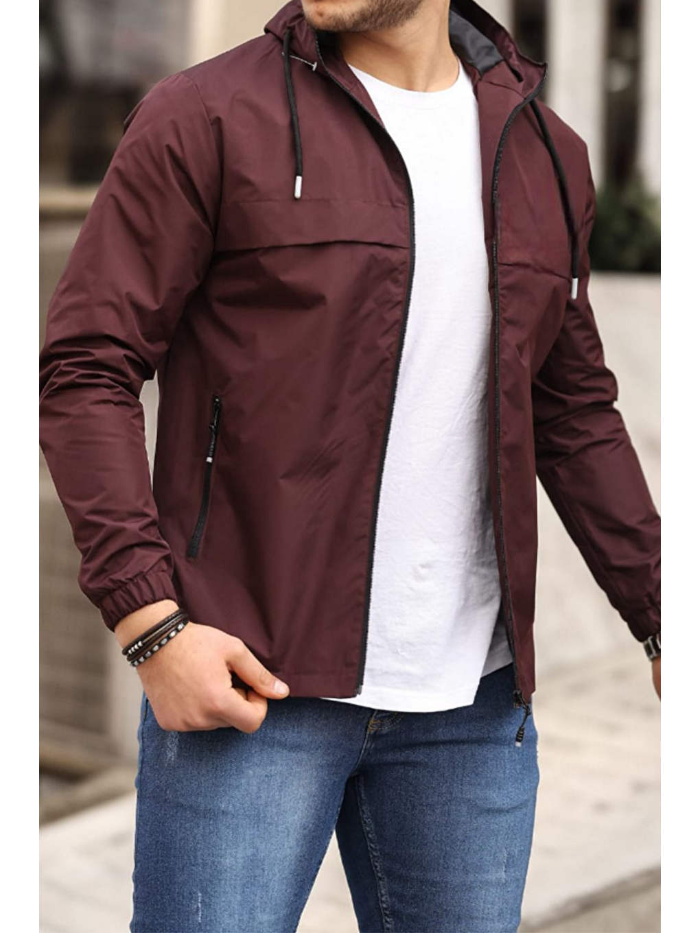 Erkek Astarlı Kapüşonlu Bordo Rüzgarlık & Yağmurluk-4