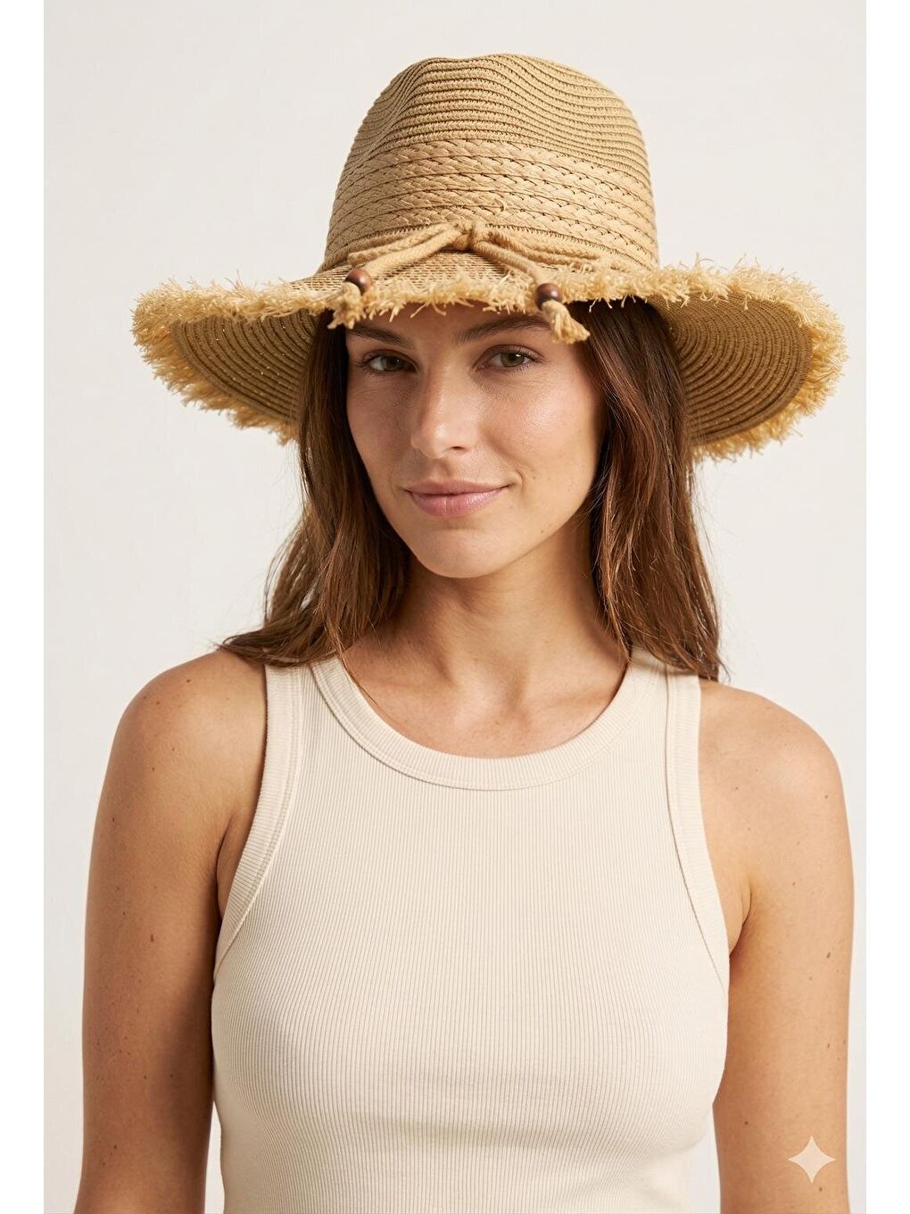 Kahverengi Hasır Panama Camel Şapka Saçaklı Kenar İpli Bohem Yazlık HSR2124 KAHVERENGI