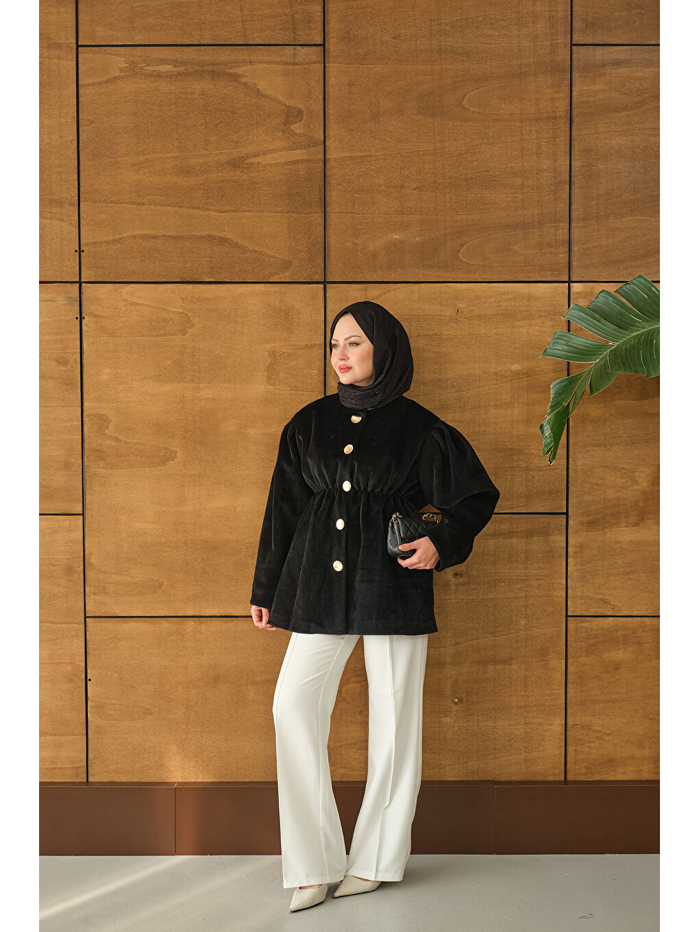 Kadın Beli Lastikli Angora Ceket Siyah-1