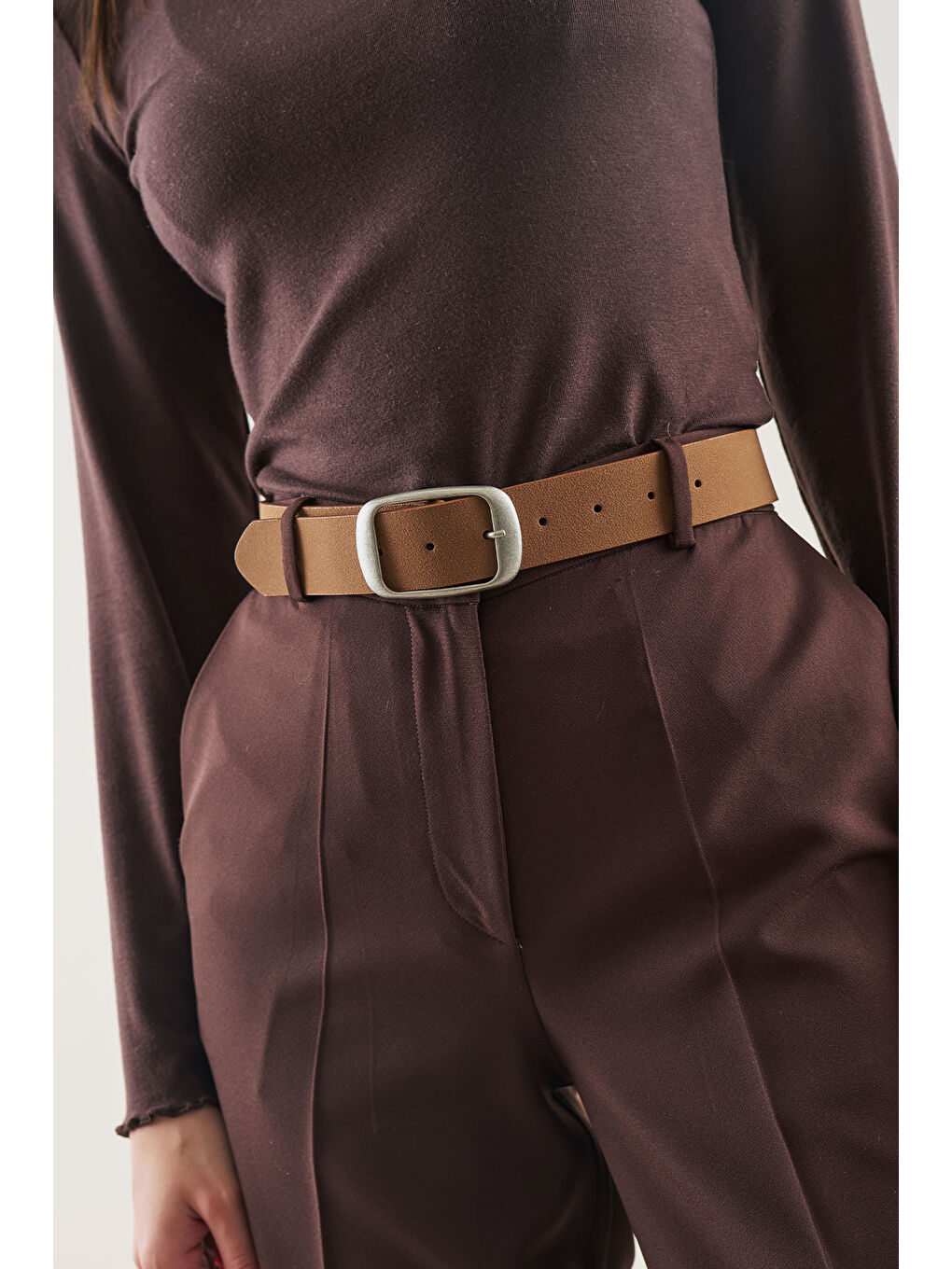 Kahverengi Süet Görünümlü Tokalı Kemer Camel-2