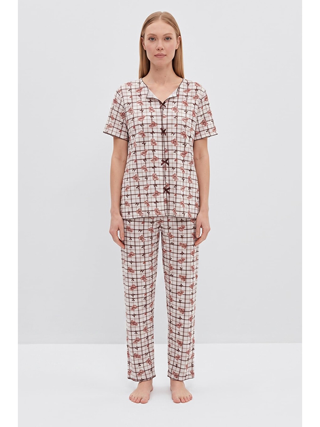 Bej Ekose Ayıcık Desenli Kısa Kol Pijama Takımı-1