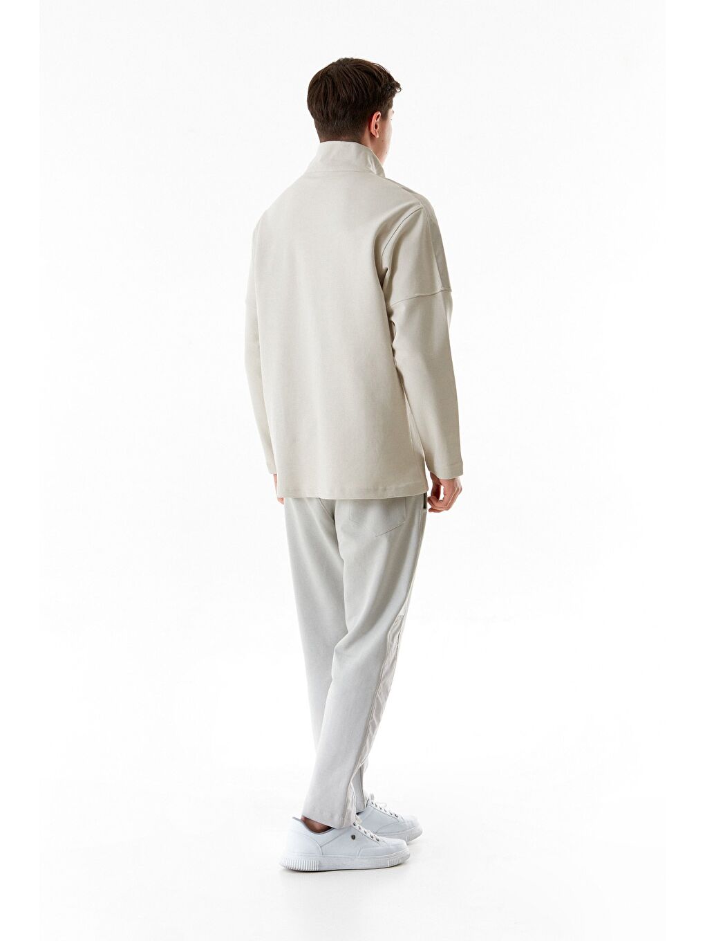 Bej Basic Gömlek Yaka Düğmeli %100 Pamuk Sweatshirt-2