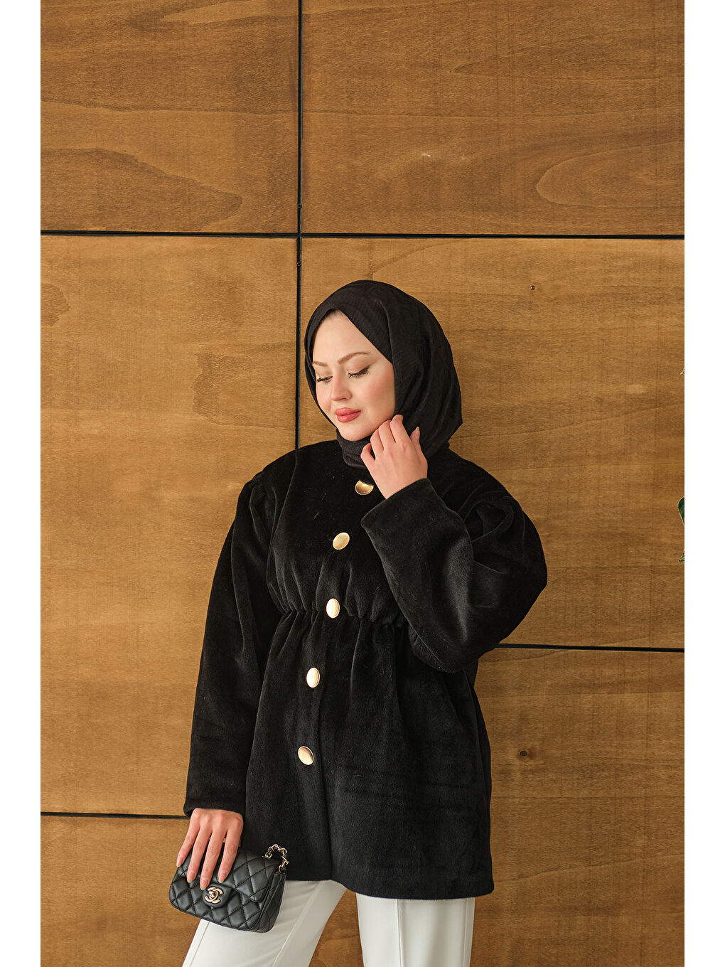 Kadın Beli Lastikli Angora Ceket Siyah-2