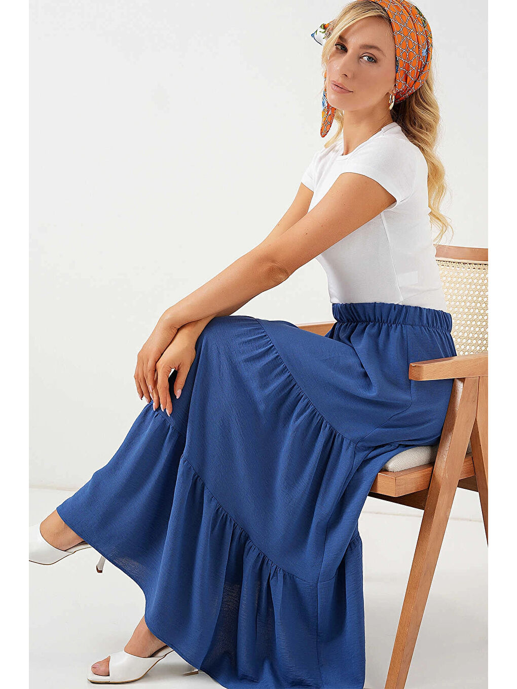 Kadın İndigo Mavi Beli Lastikli Ayrobin Uzun Etek HZL25S-BD180481