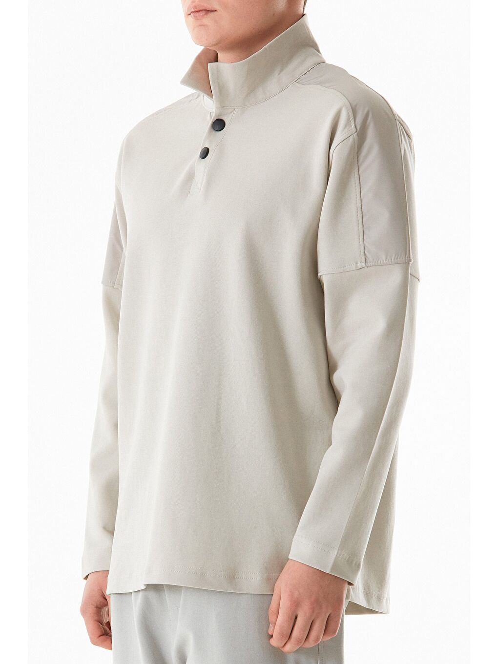 Bej Basic Gömlek Yaka Düğmeli %100 Pamuk Sweatshirt-4