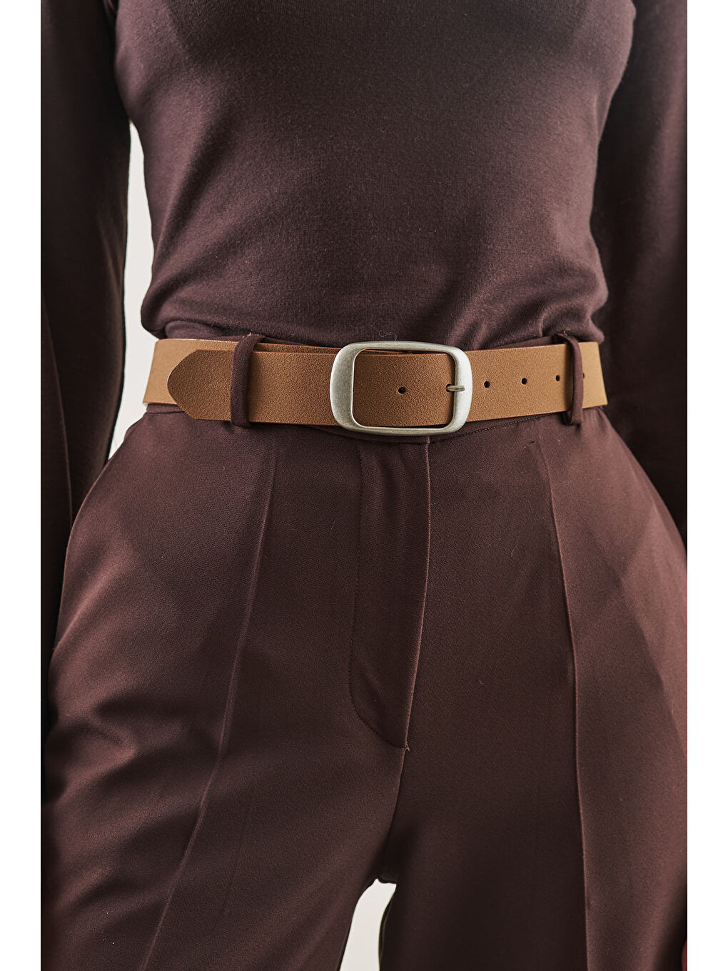 Kahverengi Süet Görünümlü Tokalı Kemer Camel-4