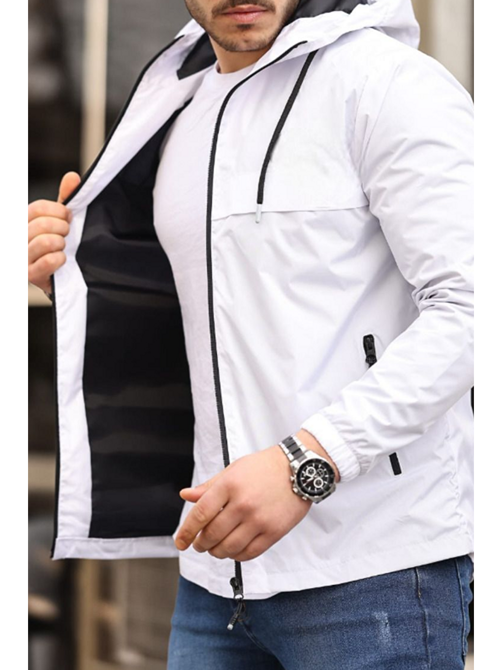 Erkek Astarlı Kapüşonlu Beyaz Rüzgarlık & Yağmurluk-4