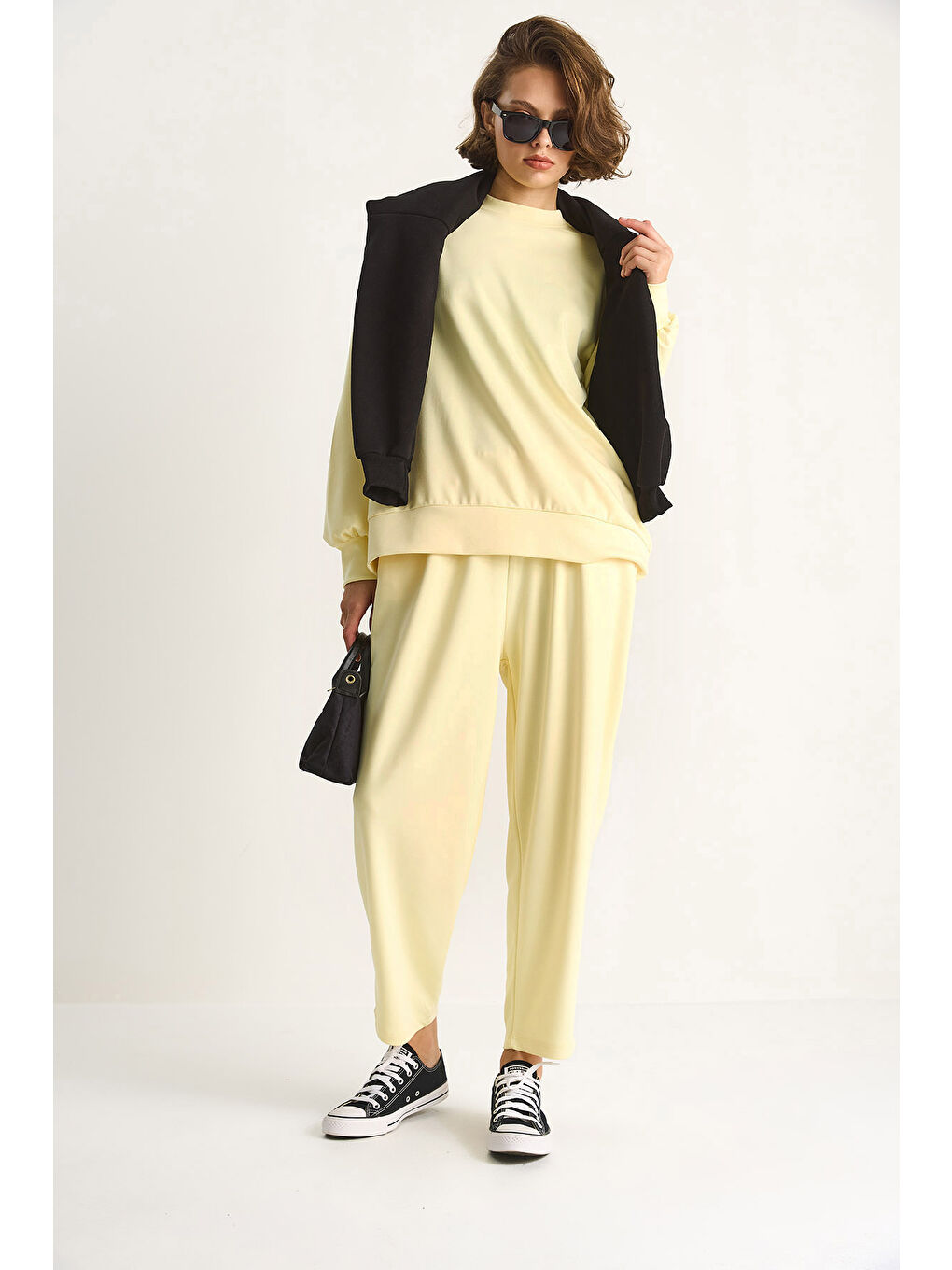 Sarı Kadın Bisiklet Yaka Oversize Alt-üst Takım-1