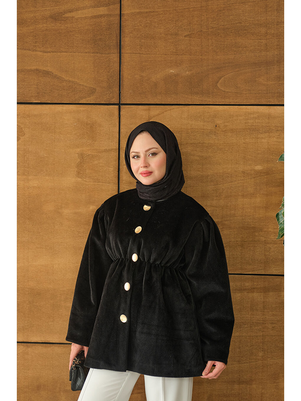 Kadın Beli Lastikli Angora Ceket Siyah-3