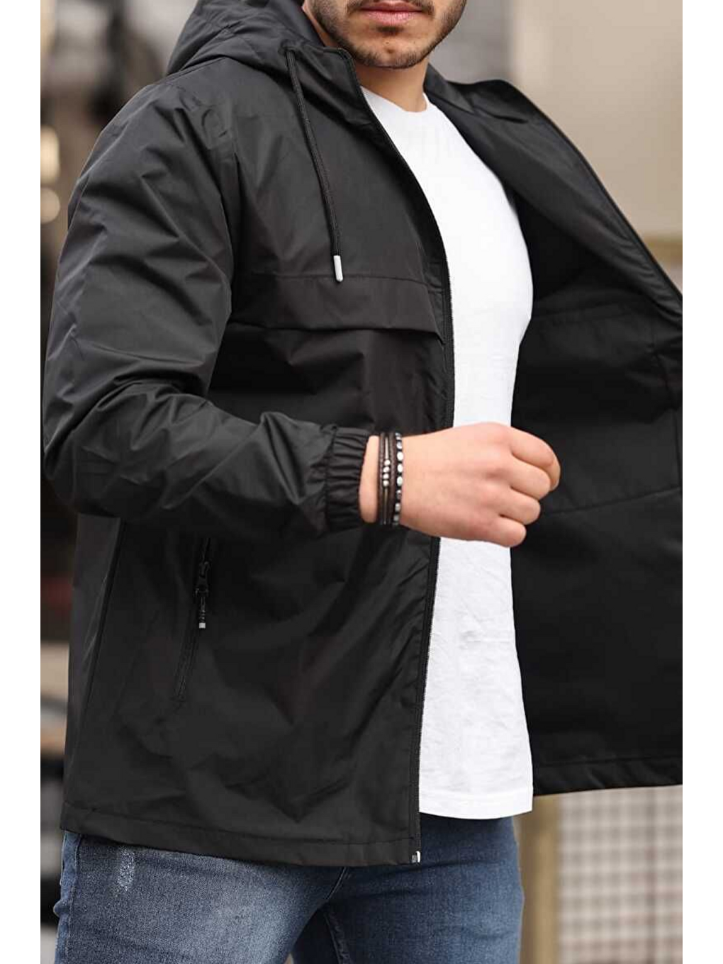 Erkek Astarlı Kapüşonlu Siyah Rüzgarlık & Yağmurluk-2