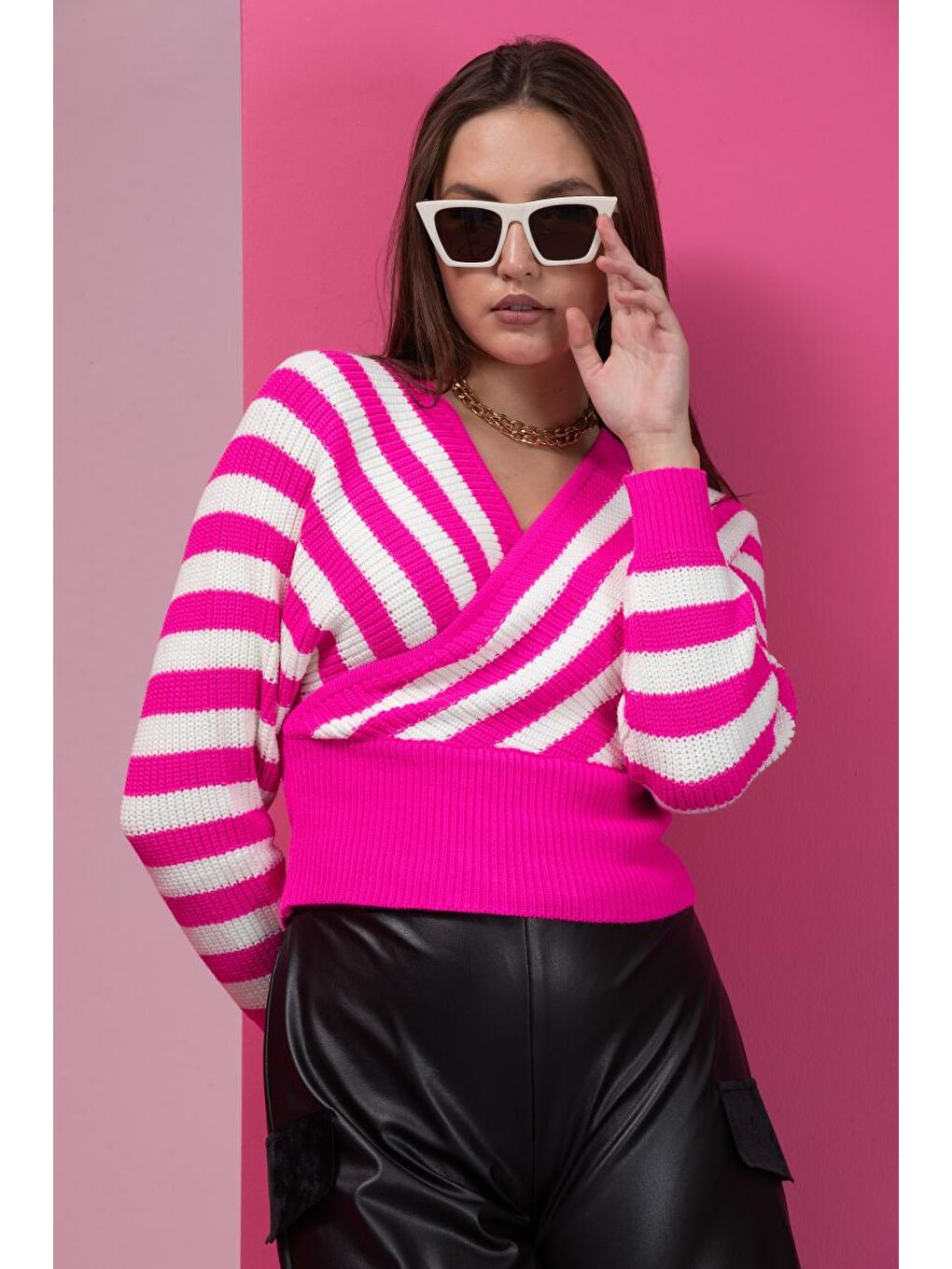 Fuşya Kadın Çizgili Kruvaze Yaka Triko Bluz 11005