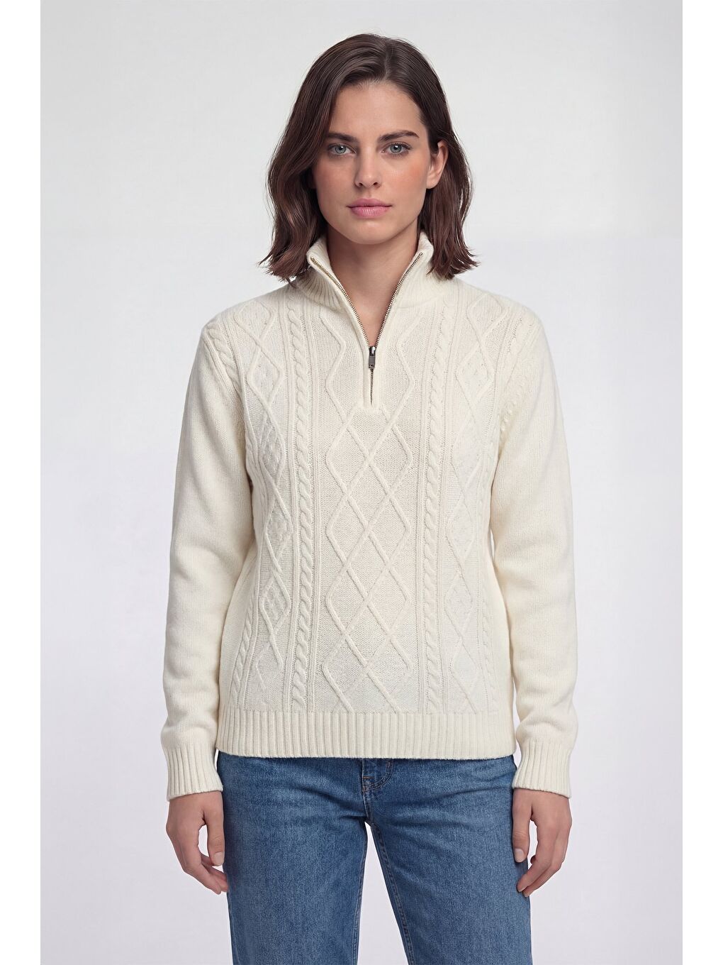 Ekru Regular Fit Yünlü Desenli Fermuarlı Yarım Balıkçı Yaka Triko Kazak-1