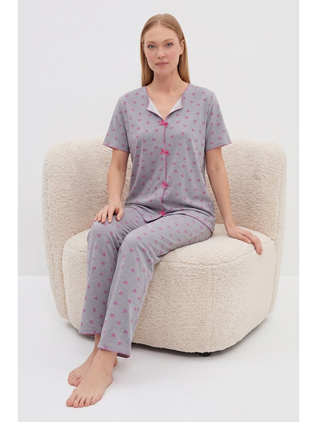 Gri Ekose Ayıcık Desenli Kısa Kol Pijama Takımı