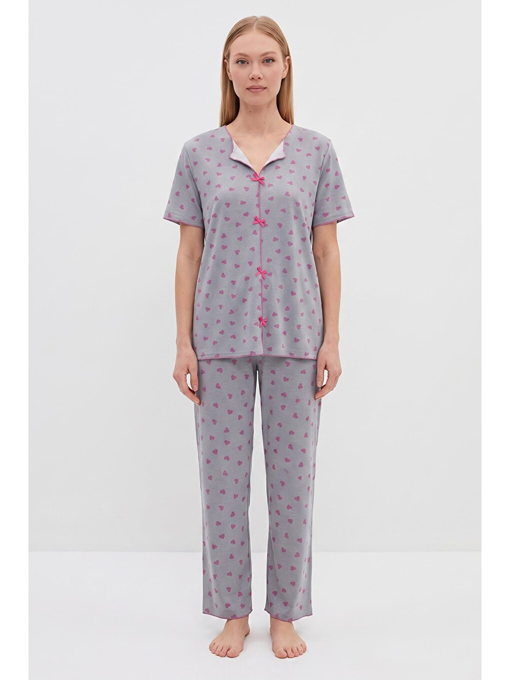 Gri Ekose Ayıcık Desenli Kısa Kol Pijama Takımı-1