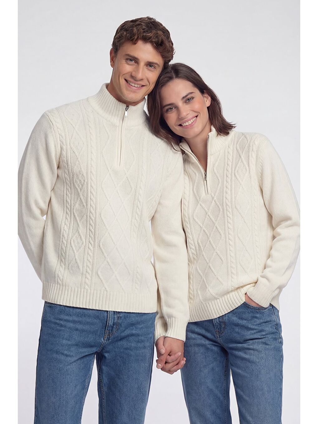 Ekru Regular Fit Yünlü Desenli Fermuarlı Yarım Balıkçı Yaka Triko Kazak-2