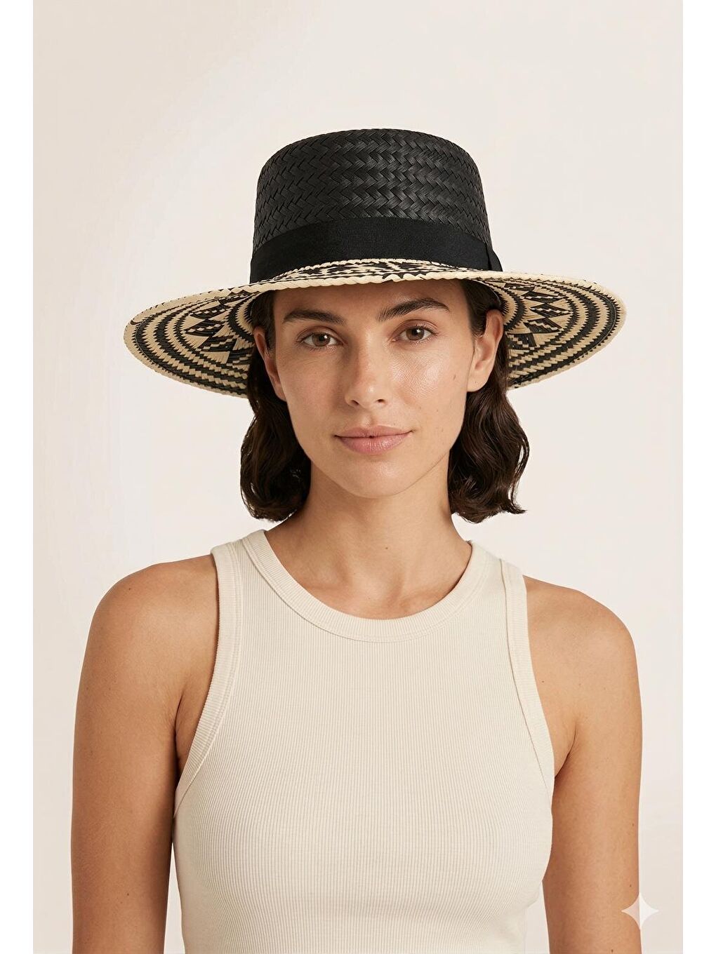 Hasır Panama Siyah Şapka Desenli Geniş Kenarlı Yazlık HSR2121 SIYAH