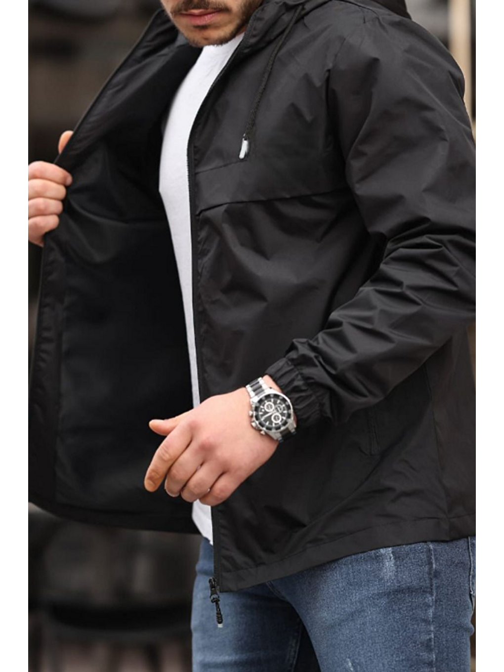 Erkek Astarlı Kapüşonlu Siyah Rüzgarlık & Yağmurluk-3