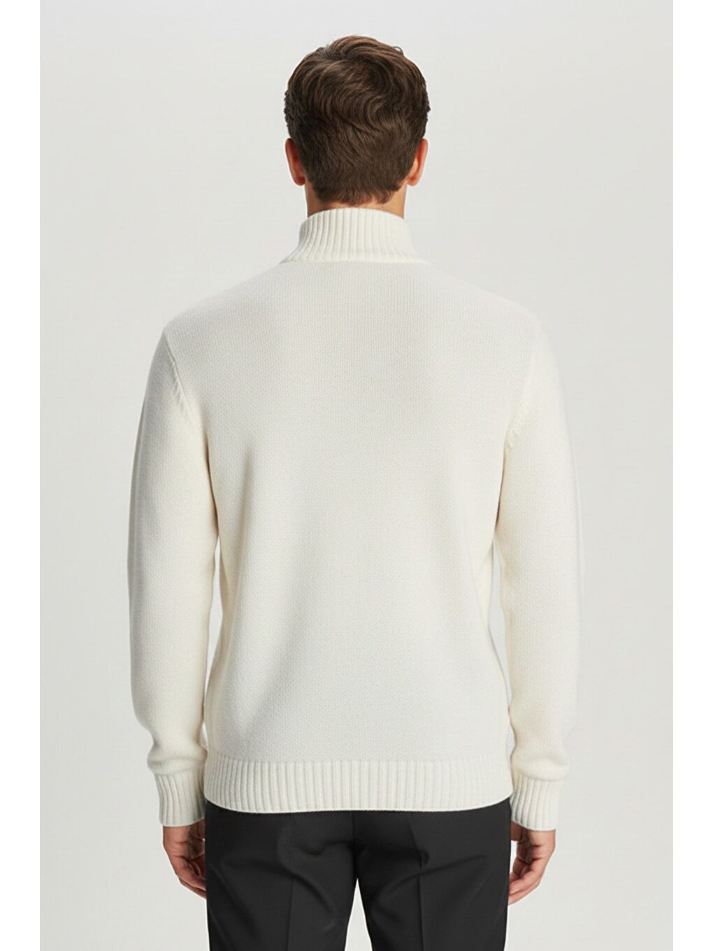 Ekru Regular Fit Yünlü Desenli Fermuarlı Yarım Balıkçı Yaka Triko Kazak-3