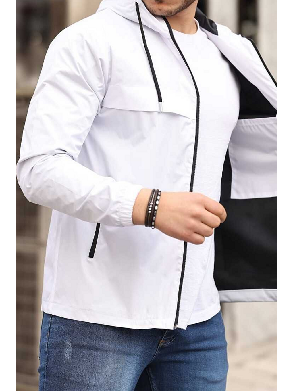 Erkek Astarlı Kapüşonlu Beyaz Rüzgarlık & Yağmurluk-5