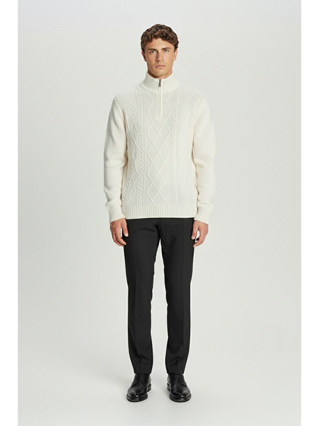 Ekru Regular Fit Yünlü Desenli Fermuarlı Yarım Balıkçı Yaka Triko Kazak-4