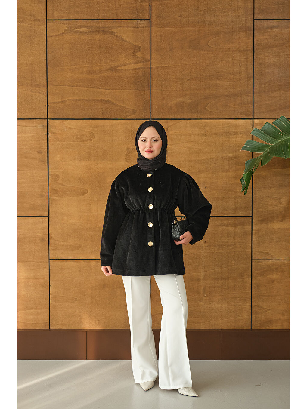 Kadın Beli Lastikli Angora Ceket Siyah-4