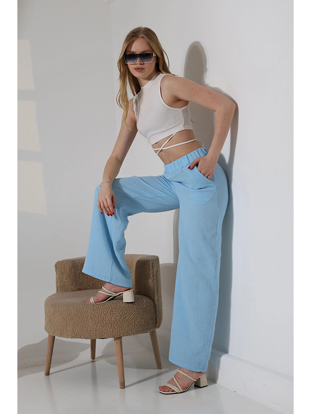 Kadın Mavi Beli Lastikli Müslin Kumaş Bol Paça Pantolon HZL25S-DSB12221-2