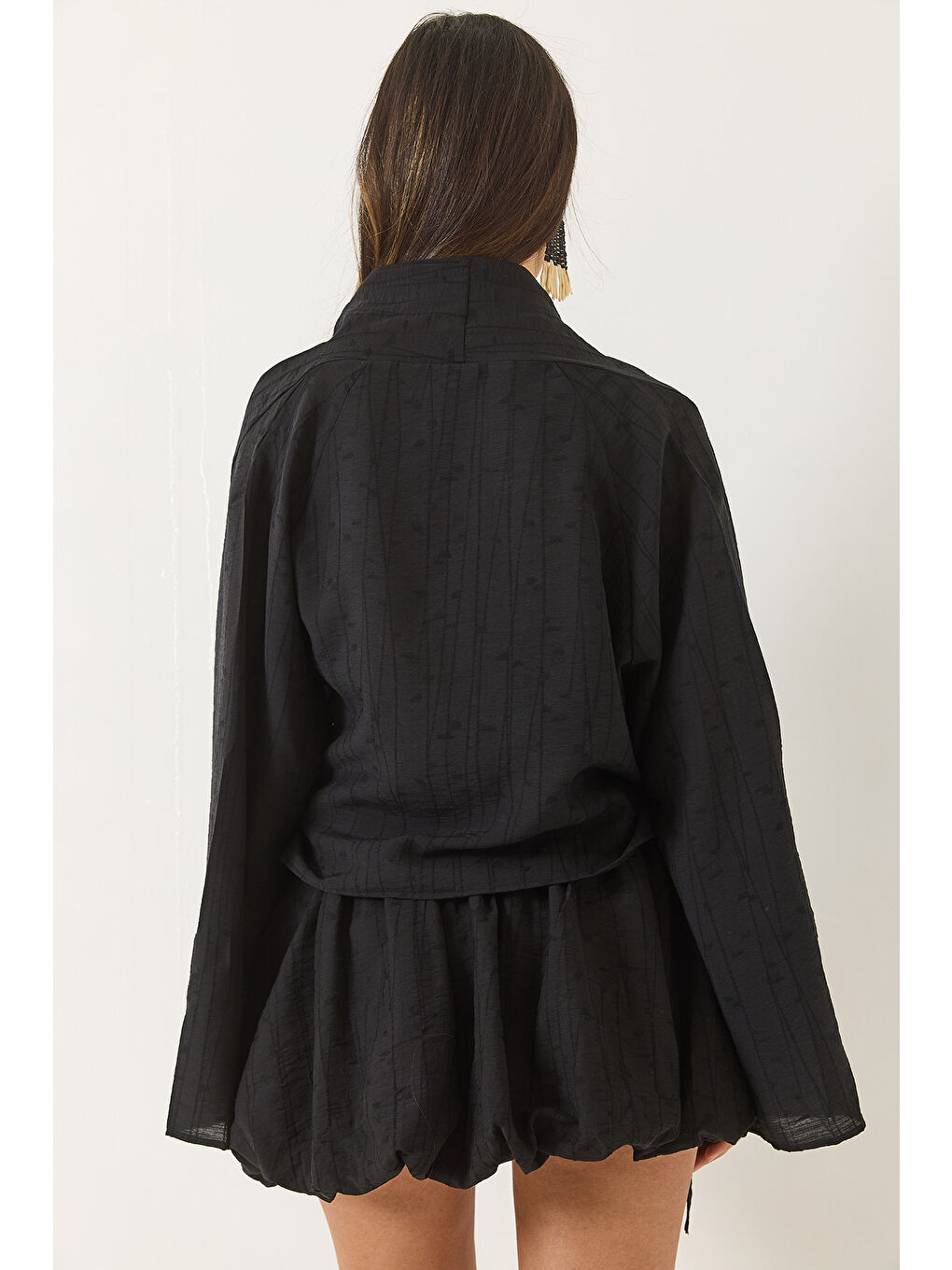 Siyah Kadın Mini Balon Etekli Bağlama Detaylı Kimono Alt-Üst Takım-7