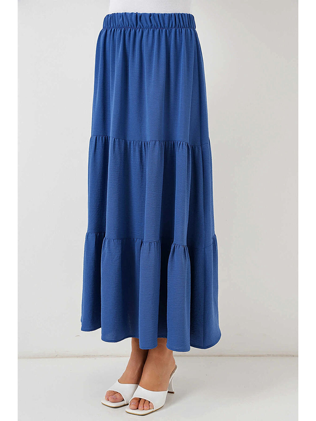 Kadın İndigo Mavi Beli Lastikli Ayrobin Uzun Etek HZL25S-BD180481-1