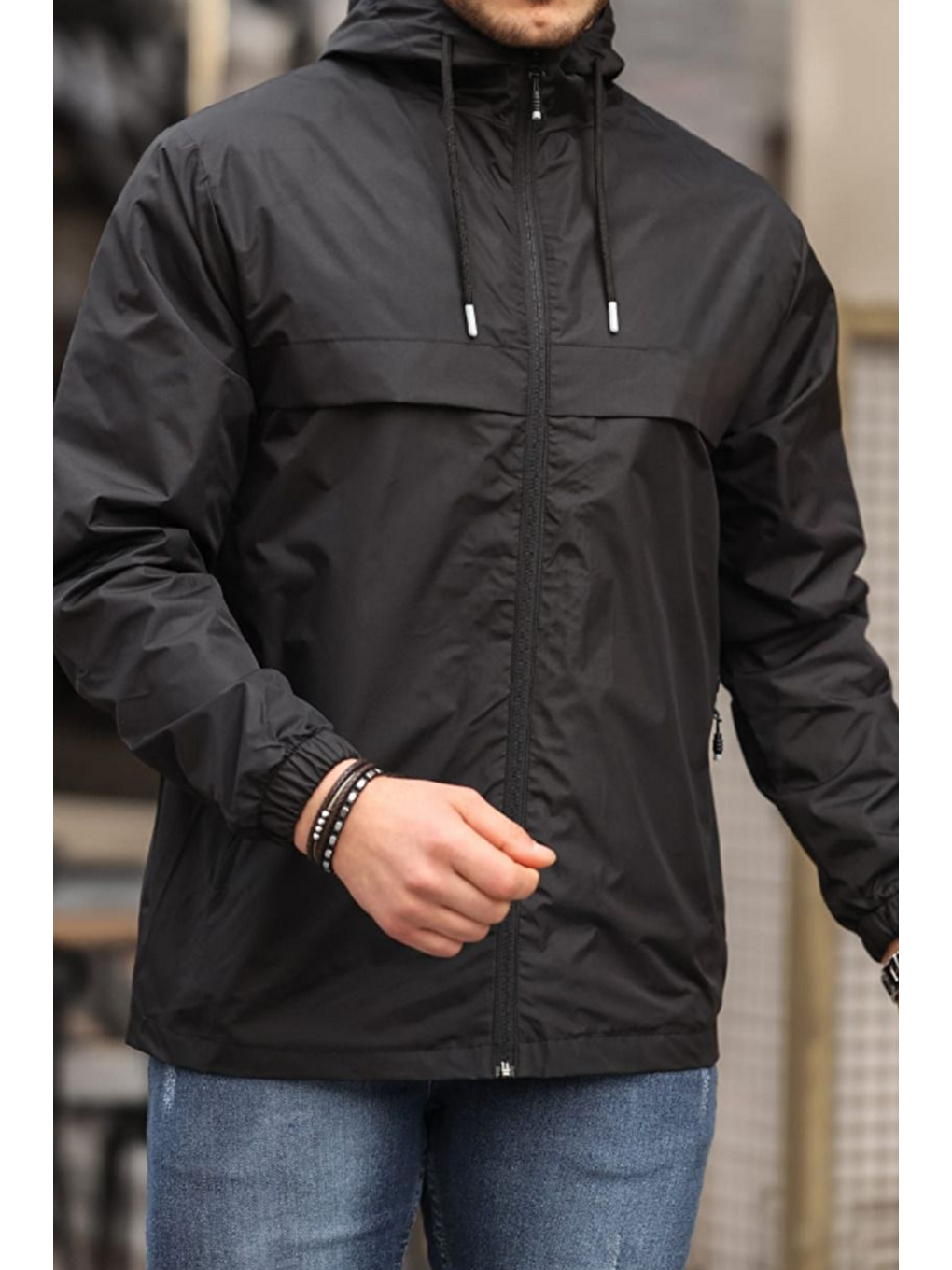 Erkek Astarlı Kapüşonlu Siyah Rüzgarlık & Yağmurluk-5
