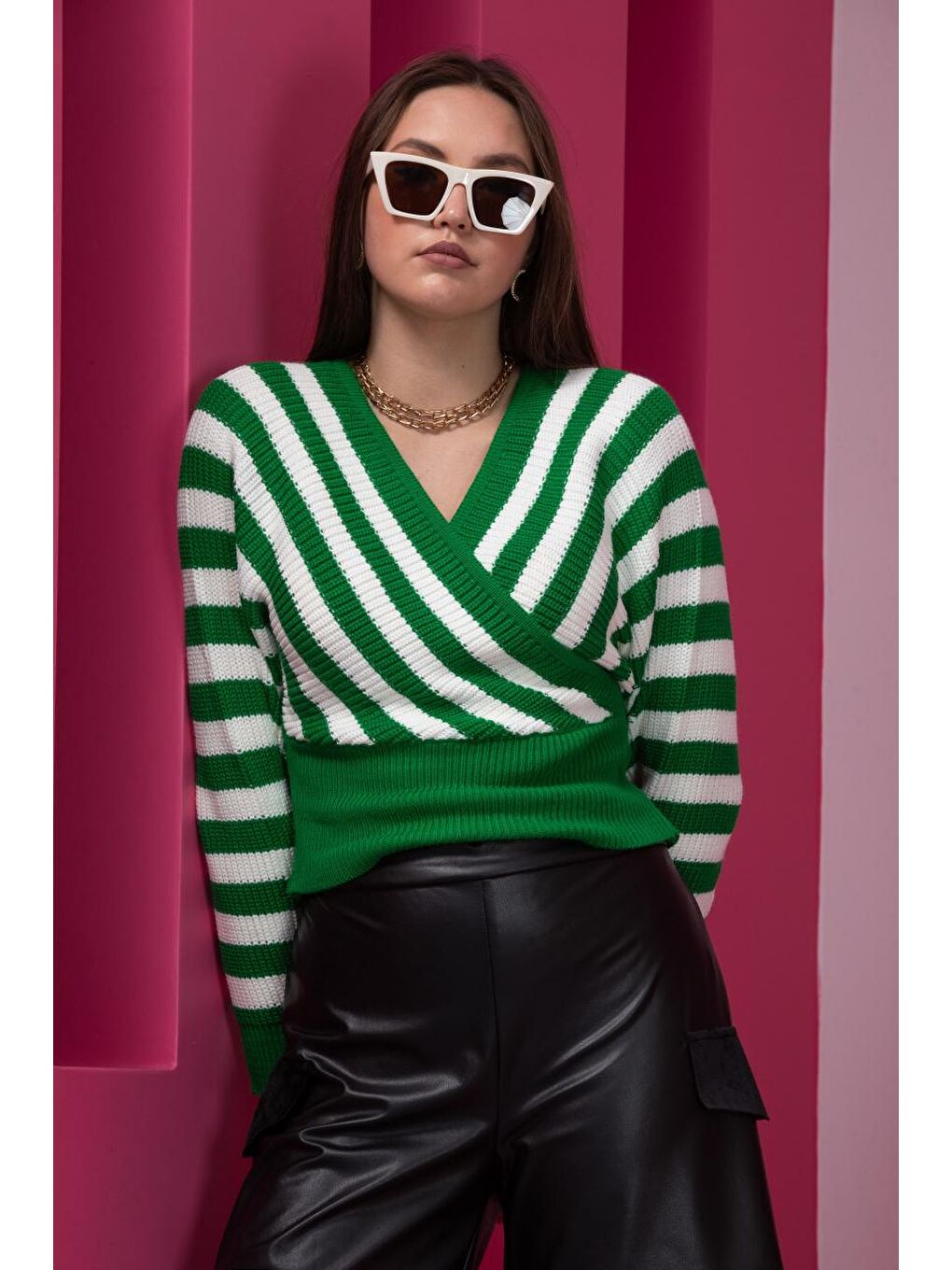 Yeşil Kadın Çizgili Kruvaze Yaka Triko Bluz 11005
