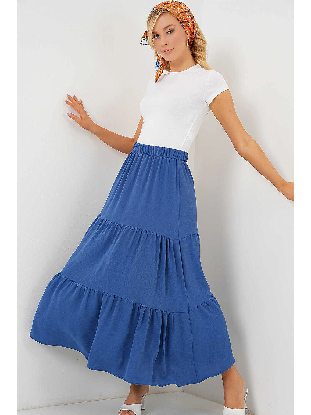 Kadın İndigo Mavi Beli Lastikli Ayrobin Uzun Etek HZL25S-BD180481-2