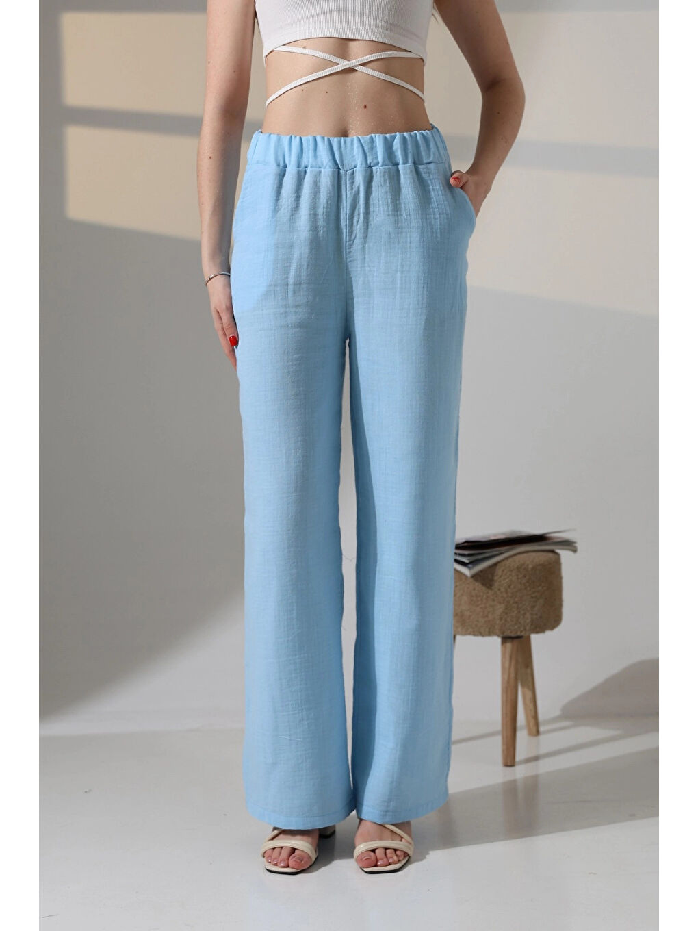 Kadın Mavi Beli Lastikli Müslin Kumaş Bol Paça Pantolon HZL25S-DSB12221-3
